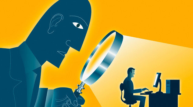 Large Man Looking At Co-Worker With A Magnifying Glass --- Image by © Images.com/Corbis